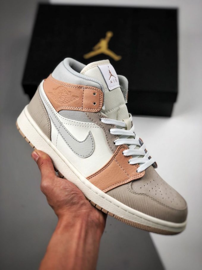 The Nike Air Jordan 1 Mid Milan City Pack Beige Leather Upper Tan Suede Toe Top Replica Sneakers 01