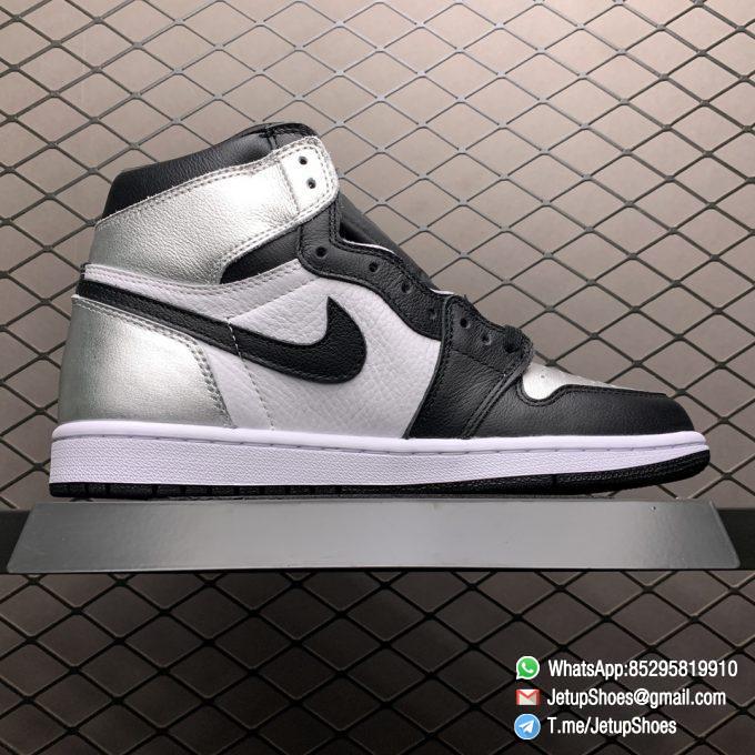 Best Replica Sneakers Wmns Air Jordan 1 Retro High OG Silver Toe Black Forefoot Overlays Shiny Metallic Silver Finish Toe Box 02