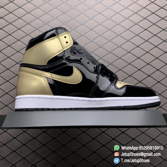 Top Fake Sneakers Air Jordan 1 Retro High OG NRG Gold Toe SKU 861428 007 Black Patent Leather Upper Metallic Gold Accents 02