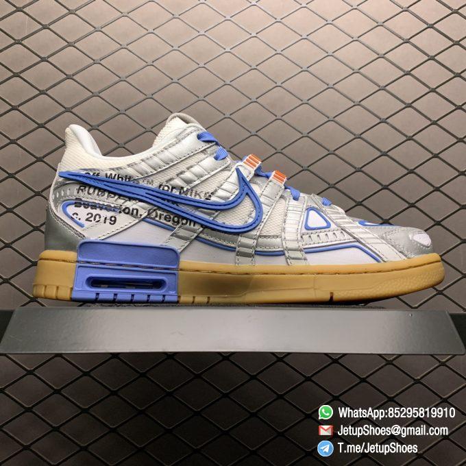 Best Replica Nike x Off White x Air Rubber Dunk University Blue White Mesh Blue Accents Upper Metallic Silver Overlays Virgil Stamp Orange Tab Swoosh SKU CU6015 100 02