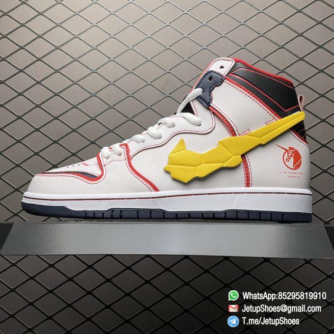 RepSneakers Gundam x Dunk High SB Project Unicorn RX 0 Mecha based Sci Fi Design White Upper Tonal Overlays Red Trim and Stitching Outlined Red Unicorn Emblem Stamp SKU DH7717 100 01