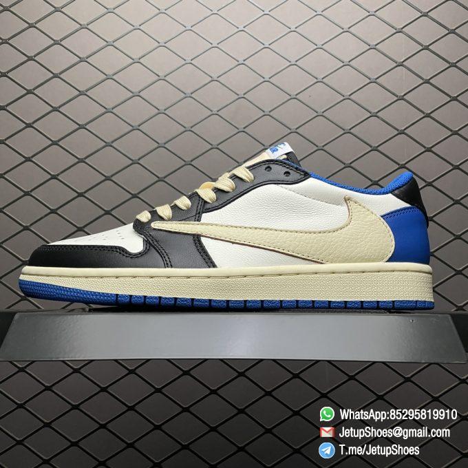 Air Jordan 1 Retro Low x Fragment Design x Travis Scott SKU DM7866 140 White Leather Upper Black and Royal Blue Overylays Scotts Inverted Oversized Swoosh Rappers Smiley Face Logo 01