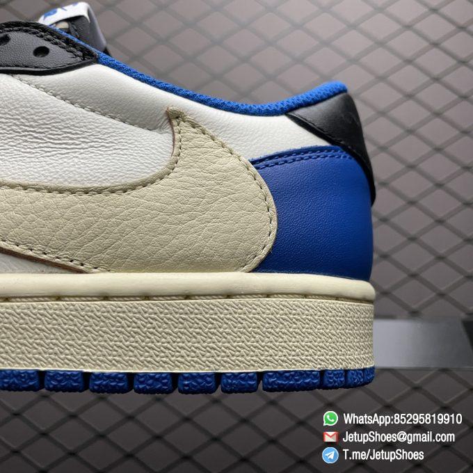 Air Jordan 1 Retro Low x Fragment Design x Travis Scott SKU DM7866 140 White Leather Upper Black and Royal Blue Overylays Scotts Inverted Oversized Swoosh Rappers Smiley Face Logo 04