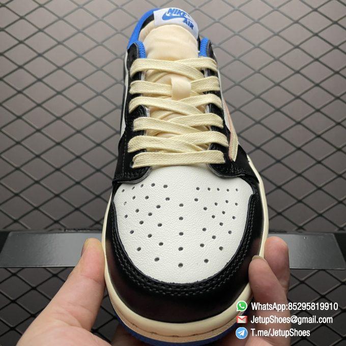 Air Jordan 1 Retro Low x Fragment Design x Travis Scott SKU DM7866 140 White Leather Upper Black and Royal Blue Overylays Scotts Inverted Oversized Swoosh Rappers Smiley Face Logo 05