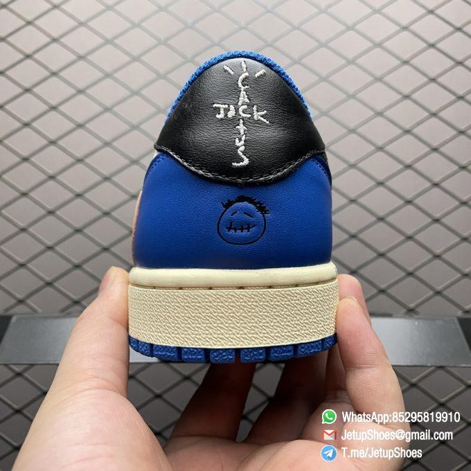 Air Jordan 1 Retro Low x Fragment Design x Travis Scott SKU DM7866 140 White Leather Upper Black and Royal Blue Overylays Scotts Inverted Oversized Swoosh Rappers Smiley Face Logo 06