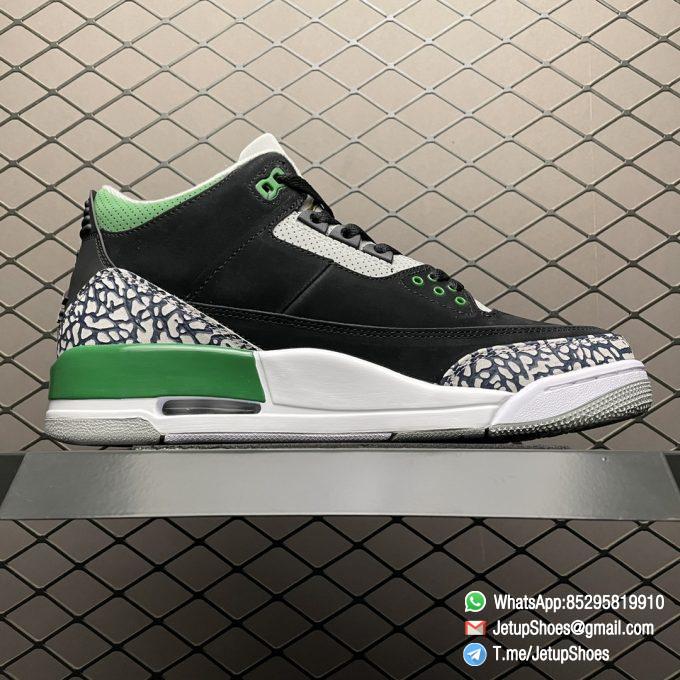 Best Replica Air Jordan 3 Retro Pine Green Black Textured Nubuck Upper Signature Elephant Overlays Green Eyelets Collar Jumpman Icon tongue Heel Top Fake Sneakers 02