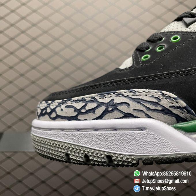 Best Replica Air Jordan 3 Retro Pine Green Black Textured Nubuck Upper Signature Elephant Overlays Green Eyelets Collar Jumpman Icon tongue Heel Top Fake Sneakers 03