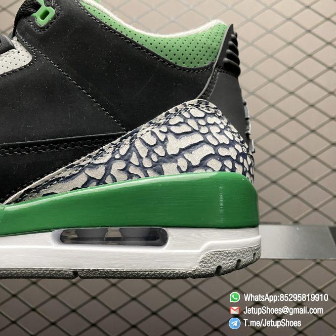 Best Replica Air Jordan 3 Retro Pine Green Black Textured Nubuck Upper Signature Elephant Overlays Green Eyelets Collar Jumpman Icon tongue Heel Top Fake Sneakers 04