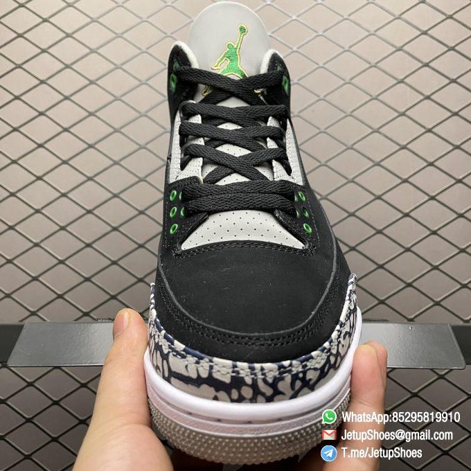 Best Replica Air Jordan 3 Retro Pine Green Black Textured Nubuck Upper Signature Elephant Overlays Green Eyelets Collar Jumpman Icon tongue Heel Top Fake Sneakers 06