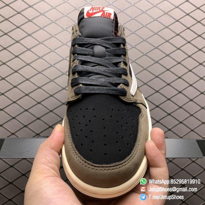 Best Replica Travis Scott x Air Jordan 1 Low Mocha Black and Dark Mocha Upper Oversized Backward Facing Swoosh Cactus Jack Logo Scotts face Pattern SKU CQ4277 001 05