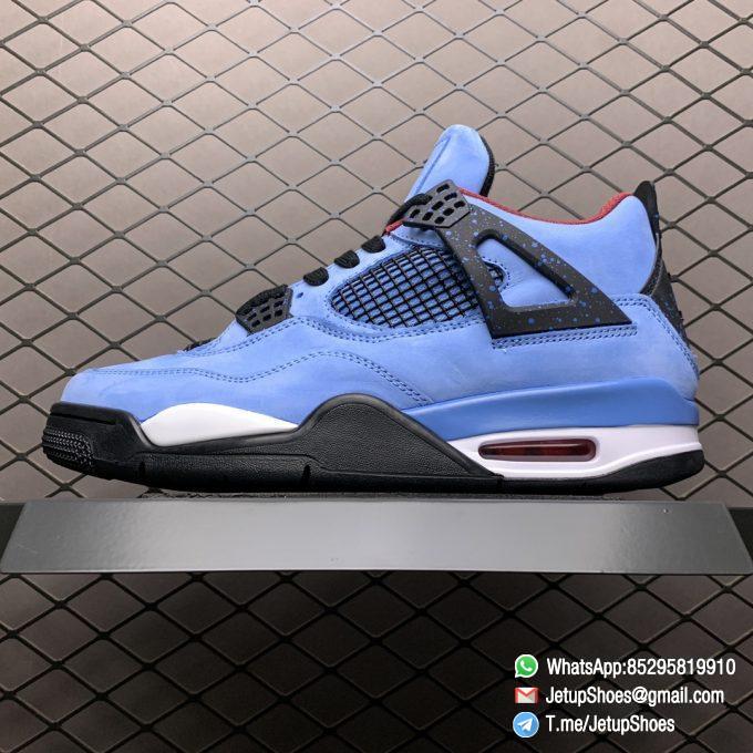 Best Replica Travis Scott x Air Jordan 4 Retro Cactus Jack University Blue Varsity Red Insole Upper Black Lace Light Blue Speckle Pattern Cactus Jack Branding SKU 308497 406 01