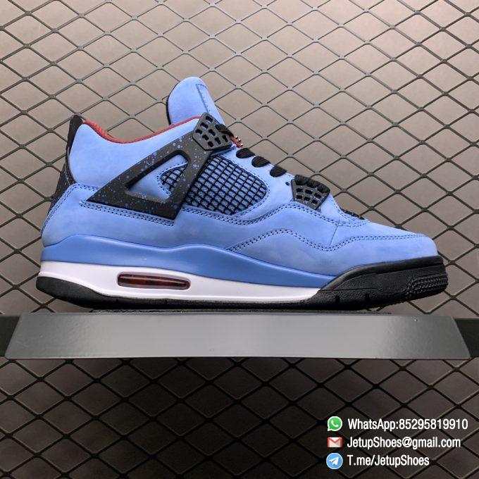 Best Replica Travis Scott x Air Jordan 4 Retro Cactus Jack University Blue Varsity Red Insole Upper Black Lace Light Blue Speckle Pattern Cactus Jack Branding SKU 308497 406 02