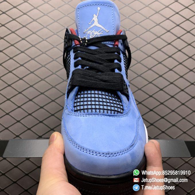 Best Replica Travis Scott x Air Jordan 4 Retro Cactus Jack University Blue Varsity Red Insole Upper Black Lace Light Blue Speckle Pattern Cactus Jack Branding SKU 308497 406 05