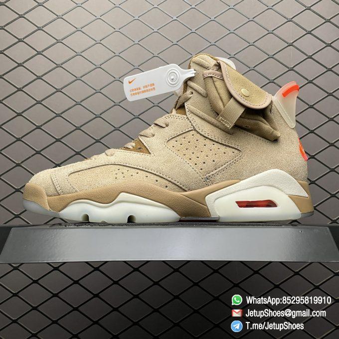 Top Clone Sneakers Travis Scott x Air Jordan 6 Retro British Khaki Suede Canvas Upper Stash Pouch Zipper Detailing Nike Air and Cactus Jack Branding SKU DH0690 200 01