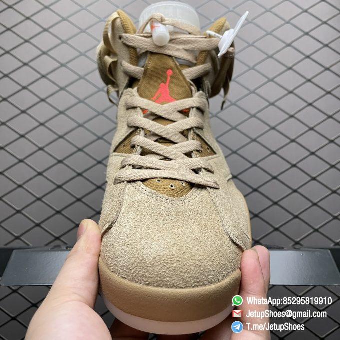 Top Clone Sneakers Travis Scott x Air Jordan 6 Retro British Khaki Suede Canvas Upper Stash Pouch Zipper Detailing Nike Air and Cactus Jack Branding SKU DH0690 200 05